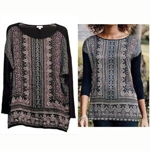 J Jill Woman Black Regal Paisley Top Tunic Boho Print Front Knit Back Size 2X